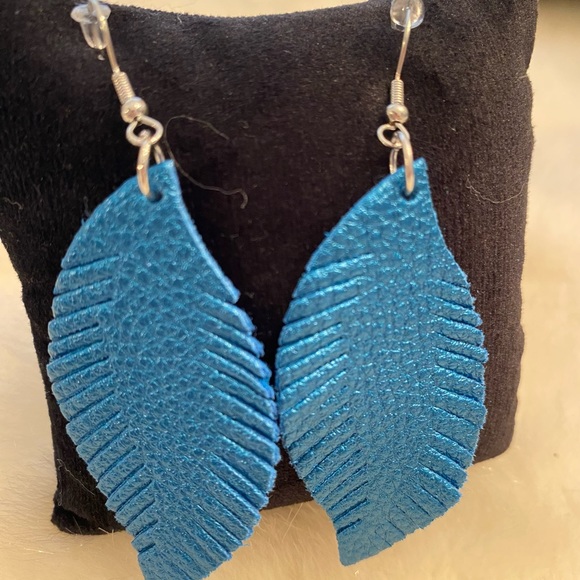 Faux Leather Tropical Blue Leaf Drop Earrings - Picture 2 of 4